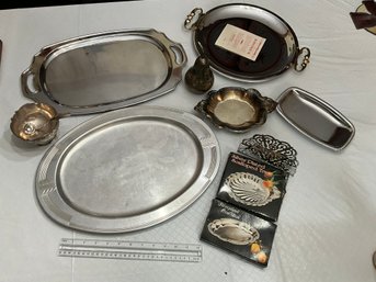 Great Lot Of Assorted Vintage Silver Plate Aluminum Serving Pcs. Trays Napkin Holder Butter Dish And More