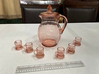 Vintage Pretty Pink Depression Glass Pitcher With 6 Shot Glasses With Handles Heavy Bottom