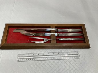 3 Pc Vintage Stainless Steel Mid Century Modern Cutlery Tray Serving Ware Pieces Velvet Lined Wooden Storage