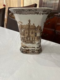 Vintage Victoria Ware Ironstone Vase Historical Brown And Ivory Village Scene Vase