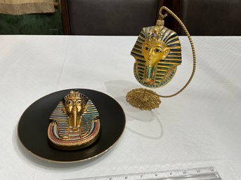 Osiris Porcelain 3-D Golden Mask Of King Tutankhamen Plate Plus Glass Christmas Ornament On Stand