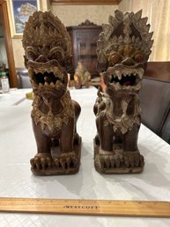 Pair Thailand Foo Lions Foo Dog Sculptures Antique Shingha Bali Sculptures