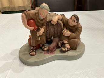 2 Friar Monks Resin ChalkWare With Wine Barrel And Drinking Figure