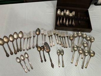 Large Lot Of Assorted Silver-plate Flatware Silverware In Felt Lined Wood Box