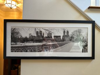 42x18 Inch Framed Matted Black-and-white Bow Bridge Snowy Central Park Wall Art