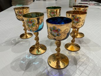 Set Of 6 Vintage MURANO Vimax Mini Wine Glass Goblet Hand Painted Cobalt Blue Gilt