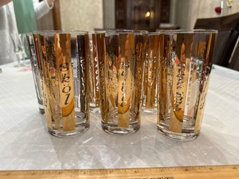 Set Of 6 Mid Century Modern Gold Cheers Around The World Bar Drink Glasses