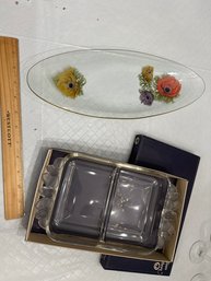 Vintage Walther Crystal Glass Divided Dish Frosted Handles And Vintage Oval Condiment Poppy Flowers Gold Edges