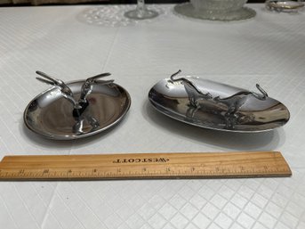 Lot Of Two Art Deco Chrome Ashtrays Pelicans And Fighting Large Cats