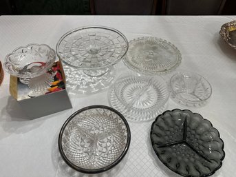 Lot Of Glass Serveware Cake Plate Divided Plates, Trays Candy Dish See Photos