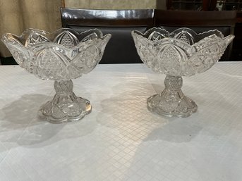 2 Stunning Large Vintage EAPG Scalloped Edge Glass Pedestal Bowls