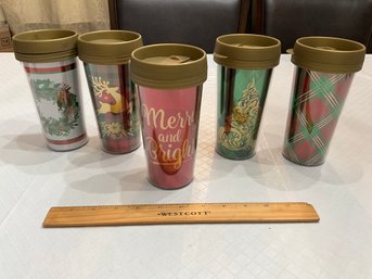 Set Of 5 Christmas Travel Mugs Assorted Patterns 16 Oz - New