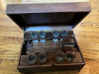 Vintage Set Of 8 Shot Glasses With Wood Box And Space For Bottle Cocktail Barware