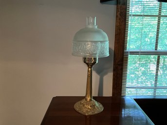 Vintage Brass Boudoir Table Lamp With Frosted Pressed Glass Shaded Hurricane