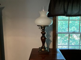 Rare Mid Century Modern Hurricane Wood Table Lamp With Milk Glass