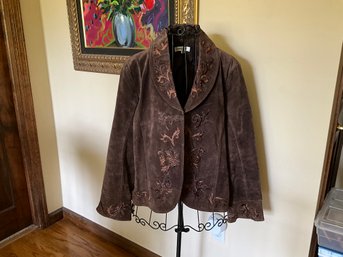 Coldwater Creek Womens Brown Suede Jacket Embroidered Design Size PL