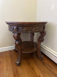 Rustic Birch 26 In Round End Table Ornate Detail, Minor Condition Issues