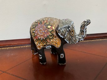 Embellished Elephant Beads Mirror Bits Raised Trunk Figurine