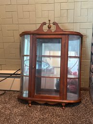 Vintage Butler Wood Curved Glass Curio Display Case Mirrorred Hanging Wall Three Shelf Cabinet 21x27x6 Inches