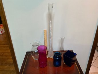 Lot Of Assorted Glass Vases Blue Glass Vase Pink Glass Vase And More See Photos