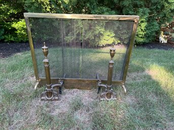 Vintage Brass Fire Place Screen Chain Mesh Curtain With Ornate Andirons