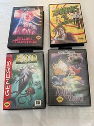 Lot Of Four Sega Genesis Games Cartridges, Jewel Master, Ecoo, Ariel, Zombies Ate My Neighbors As Pictured