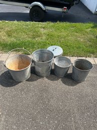 Lot Of Four Galvanized Buckets One With A Lid In Nice Condition Great For All Kinds Of Uses