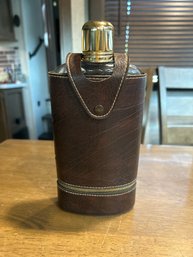 Vintage Glass Bottle Flask In A Leather Case With Two Plastic Shot Cups In Zippered Pouch Never Used 6x4x2