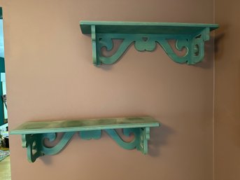 Pair Of Distressed Green Painted Decorative Wooden 32 1/2 Inch Shelves