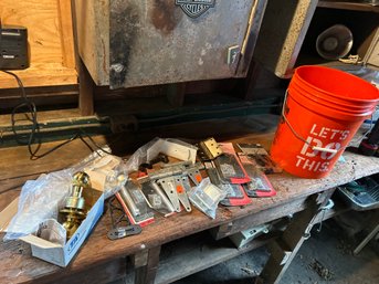 Bucket Of Assorted Hinges New Door Nob Set  And A Few Cabinet Handles