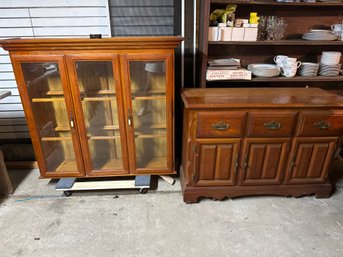 Vintage Cochrane Traditional Solid Oak Two Piece China Cabinet Missing Glass Shelves Great Upcycle Project