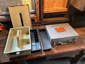 Vintage Sears Tool Box With Lift Out Trays Model 6502 And A Metal Storage Box 11 1/2 X 14 X 4 1/2