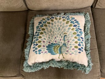 Vintage Peacock Decorative 16 Inch  Throw Pillow Fringe Teals Green & Plum