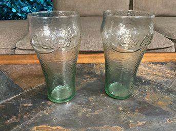 2 Light Green Pebble Glass Coca-Cola Glasses