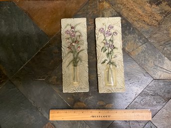 Set Of 2 Cheri Blum Artist - Floral Textured In Relief Ceramic Tile