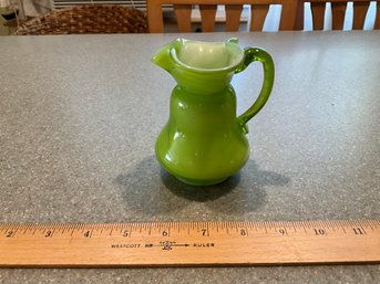 Vintage Green Opaque Cased Art Glass Blown Glass Small Pitcher Creamer