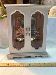 Vintage Carved Wood Jewelry Armoire, White, Stained Glass. Swirly Necklace Hanger, Ring Section  Mirror