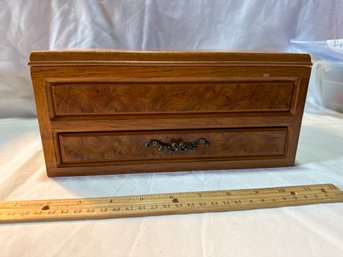 Vintage MELE Jewelry Box Chest Bird's Eye Maple Wood Stained Red Velvet Tray Drawer Lid Mirror Rings