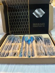 New Blue Silverware 24-Piece Stainless Steel Flatware Service For 6 Mirror Finish Utensil Set With Gift Box