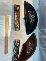 Lot Of Two Wooden Hand Purse Fans, Two Sided Black And Brown Made In Spain