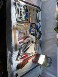 Lot Of Various Tools Crowbars, Stapler, Dremel Set Husky Light Pliers, Hammer And More Mplease See All Photos