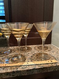 Roscher Romanian 8' Long Stem Martini 4 Gold Swirl And 1 Gold Honeycomb Cocktail Glasses