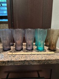 Lot Of 10 Vintage Libbey Coca Cola Drinking Glasses 2 Aqua Blue, 6 Purple, 2 Brown 16 Oz