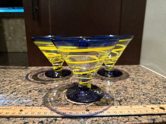 Lot Of 3 Royal Caribbean Cruise Line Hand Blown YELLOW Swirl Cocktail Margarita Glasses