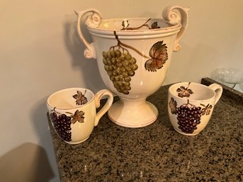 Pedestal Vase Villa Grande Tabletops Unlimited Hand Painted Grapes Handles And 2 Mugs