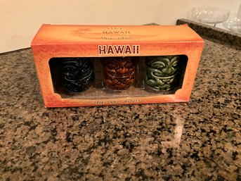 Chiefly Co Hawaii Tiki Shot Glass Set Of 3 Ceramic Brown Green Blue New In Box