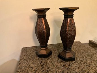 Set Of Two Pretty 12 Inch Embossed Copper Colored Pillar Candleholders