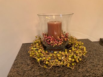 Berry Garland, Glass Pillar Candle Holder Centerpiece