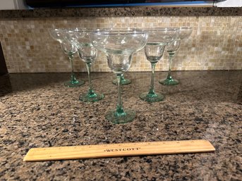 Vintage Set Of  6 Green Stem Margarita Or Daiquiri Glasses