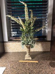 Large White And Greens Faux Flowers In Antiqued Vase